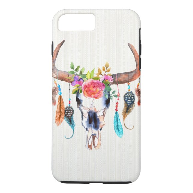 Buffalo Skull With Feather And Flowers Case-Mate iPhone Case (Back)