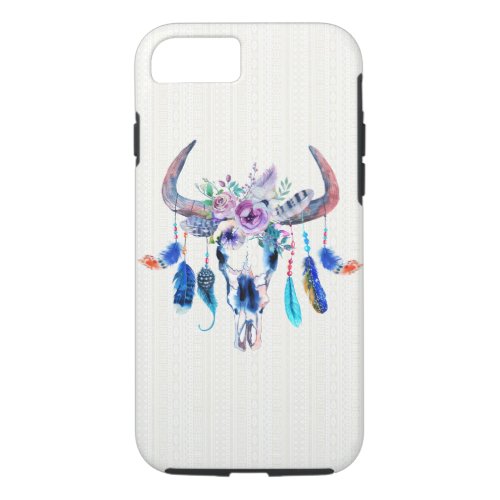 Buffalo Skull With Purple Feather And Flowers iPhone 87 Case
