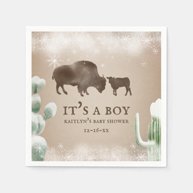 Buffalo Snow Desert Cactus Boy Baby Shower Napkins (Front)