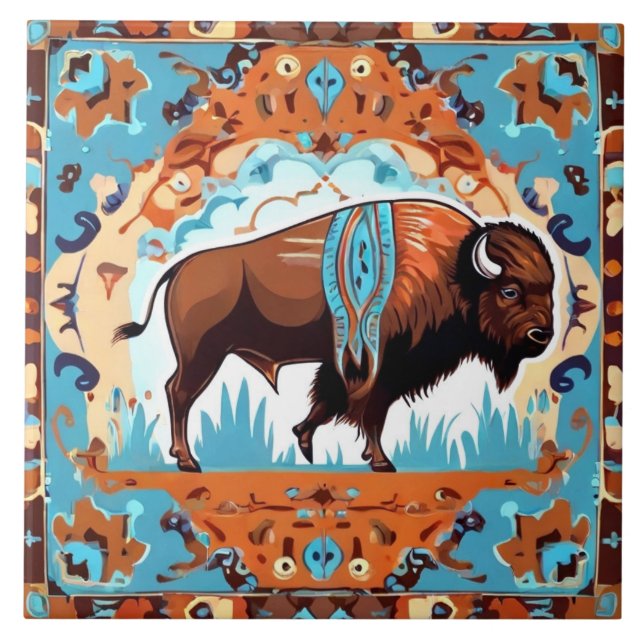 Buffalo Southwestern Southwest Brown Teal Blue Ceramic Tile (Front)