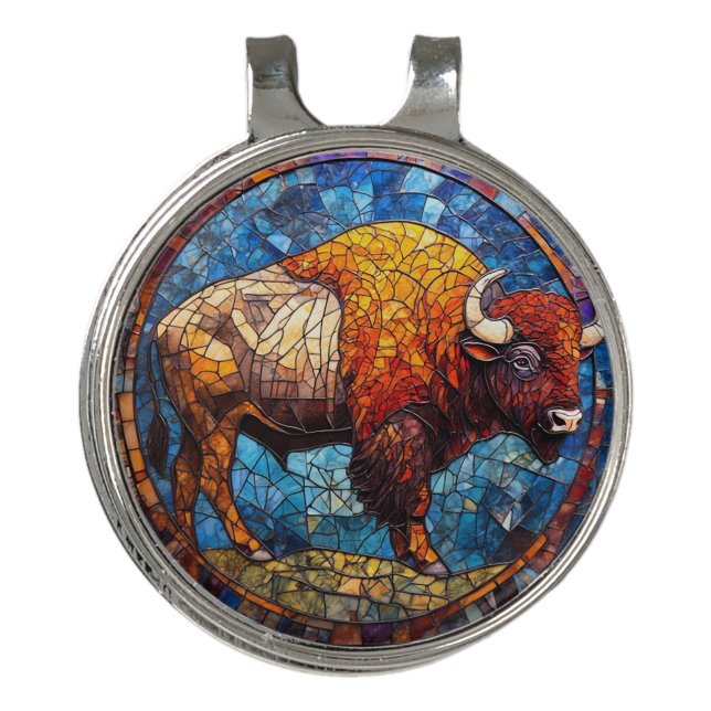 Buffalo Stained Glass Artwork Golf Hat Clip (Front)