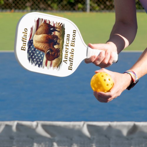 Buffalo Standing in Front of American Flag Pickleball Paddle