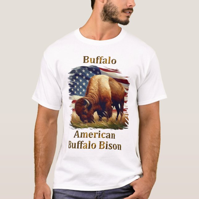 Buffalo Standing in Front of American Flag T-Shirt (Front)