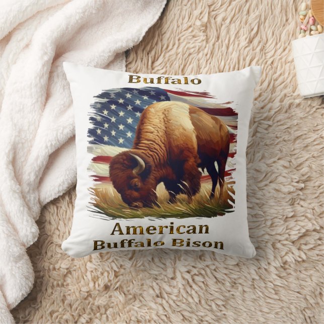 Buffalo Standing in Front of American Flag Throw Pillow (Blanket)