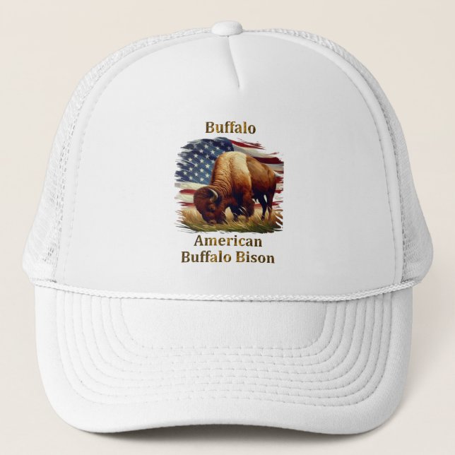 Buffalo Standing in Front of American Flag Trucker Hat (Front)