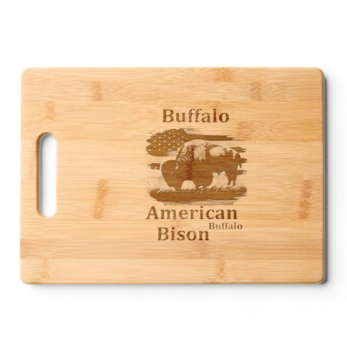 Buffalo Standing in Grass Field With American Flag Cutting Board