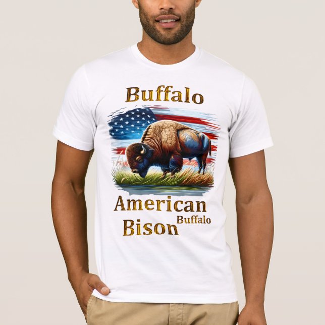 Buffalo Standing in Grass Field With American Flag T-Shirt (Front)