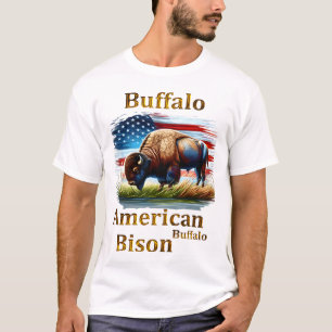 Buffalo Standing in Grass Field With American Flag T-Shirt