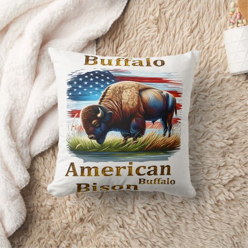 Buffalo Standing in Grass Field With American Flag Throw Pillow