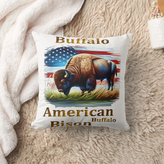 Buffalo Standing in Grass Field With American Flag Throw Pillow (Blanket)