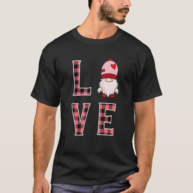 Buffalo Style Pink Plaid Gnome Love & Heart Valent T-Shirt (Front)