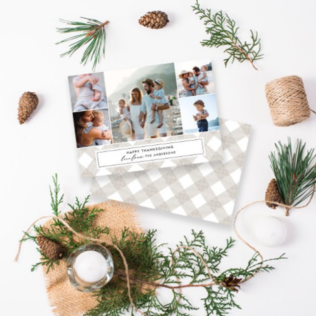 Buffalo tartan modern natural 5 photo thanksgiving holiday card (Creator Uploaded)