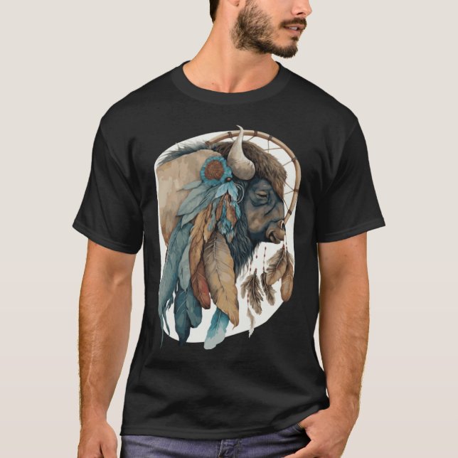 Buffalo Tribal Watercolor Buffalo Dream Catcher T-Shirt (Front)