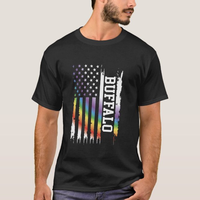 Buffalo United States Distressed Rainbow w US Flag T-Shirt (Front)
