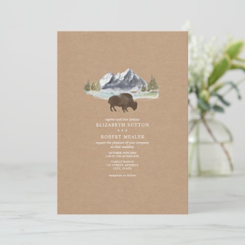 Buffalo Watercolor Mountain Cardstock Wedding Invitation