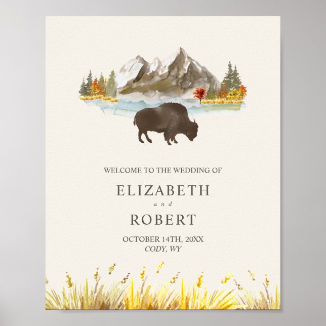 Buffalo Watercolor Ranch Bison Fall Autumn Wedding Poster (Front)