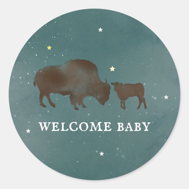 Buffalo Watercolor Stars Baby Shower Classic Round Sticker (Front)