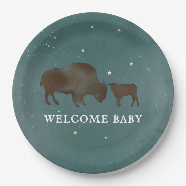 Buffalo Watercolor Stars Baby Shower Paper Plates (Front)
