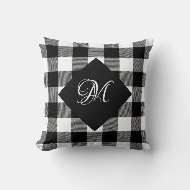 Buffalo white and black checked with monogram throw pillow (Front)