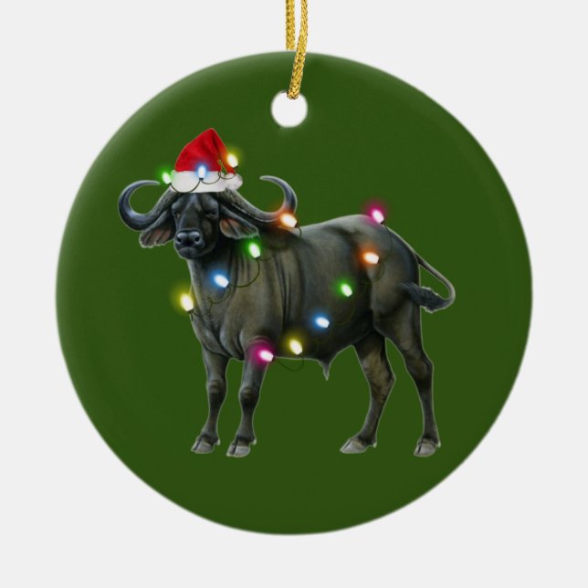 Buffalo With Hat Lights Christmas Ceramic Ornament (Front)