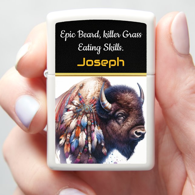 Buffalo With Vibrant Artistic Feathers Zippo Lighter (In Hand)