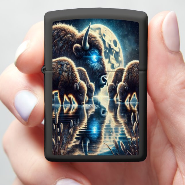 Buffaloes Beneath a Vast Cosmic Sky Zippo Lighter (In Hand)