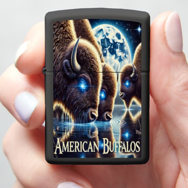 Buffaloes Under Starlit Cosmic Serenity Scene Zippo Lighter (In Hand)