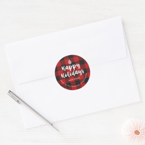 BuffaloRed Black Plaid Brush Script Return Address Classic Round Sticker