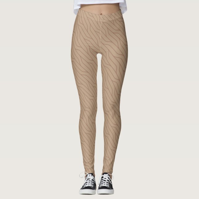 Buffed Beige Mocha Mousse Brown Wavy Line Pattern Leggings (Front)