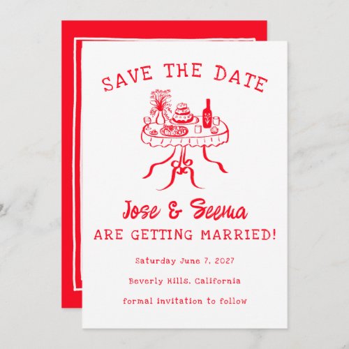 Buffet Dinner Table Hand Drawn Cute Custom Photo Save The Date