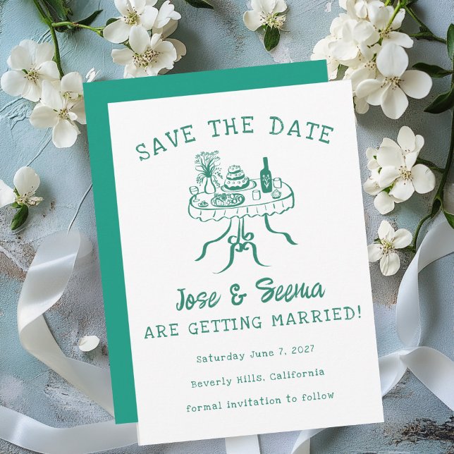 Buffet Dinner Table Hand Drawn Cute Sweet Custom  Save The Date (Buffet Dinner Table Hand Drawn Cute Sweet Green Custom Save The Date Card)