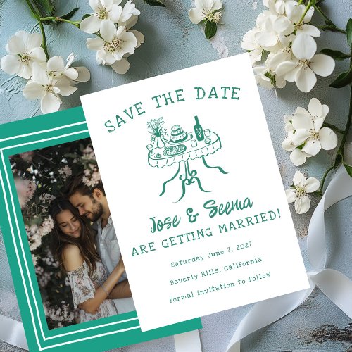 Buffet Dinner Table Hand Drawn Sweet Custom Photo Save The Date