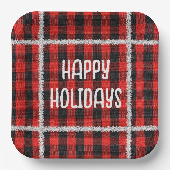Bufflo Plaid with Holiday Silver Tinsel Paper Plates (Front)