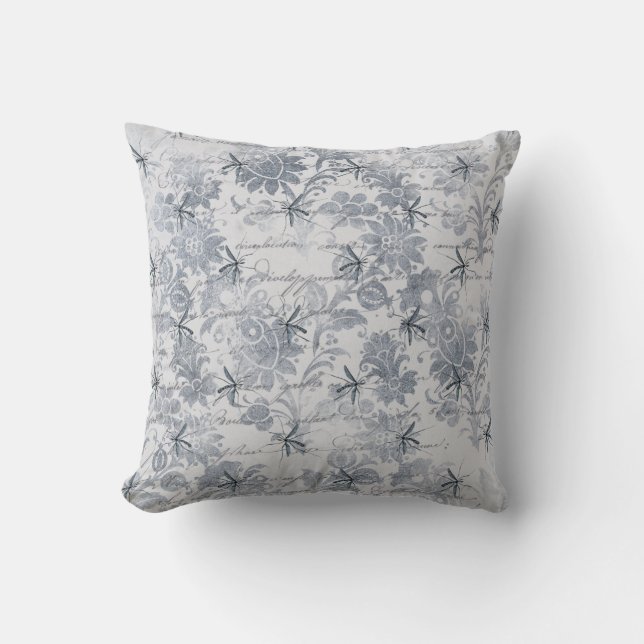 Bug and Blue Grey Floral Throw Pillow (Front)