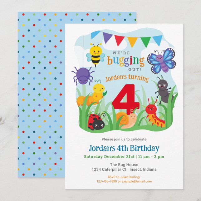Bug Birthday Invitation, Cute Colorful Bug Party I Invitation (Front/Back)