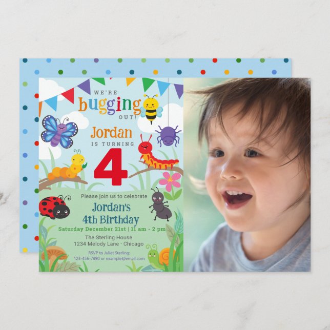 Bug Birthday Photo Cute Colorful Bug Party  Invitation (Front/Back)