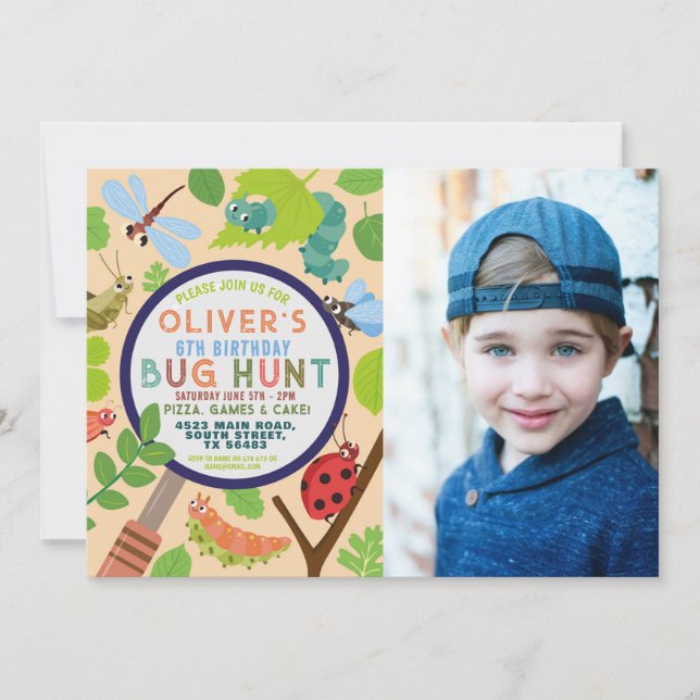 Bug Hunt Garden Insect Scavenger Birthday Photo Invitation (Front)