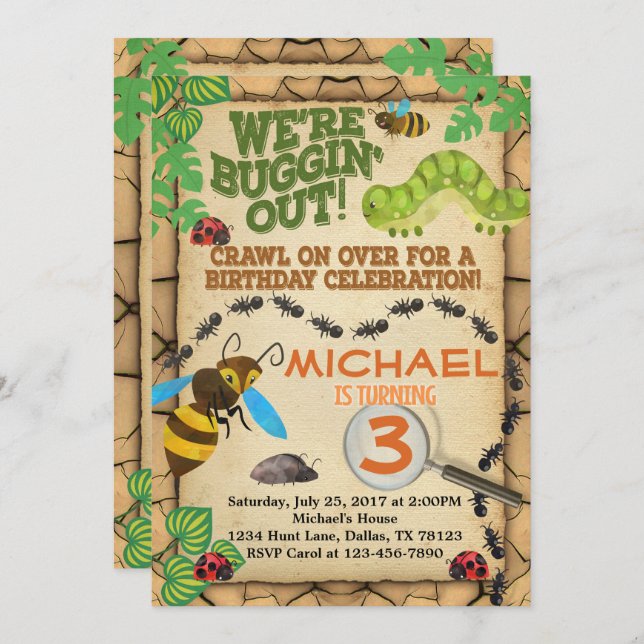 Bug Insect Birthday Party Invitation Invite Boy (Front/Back)