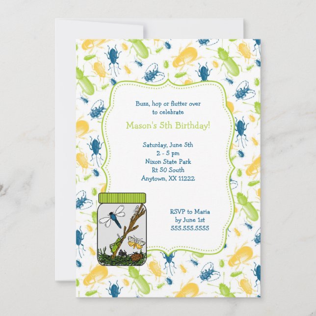 Bug Jar Birthday Party invite with insects (Front)