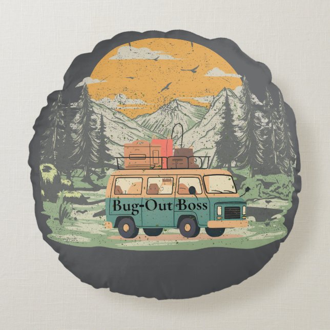 Bug-Out Boss Camper Van Adventure in the Mountains Round Pillow (Front)