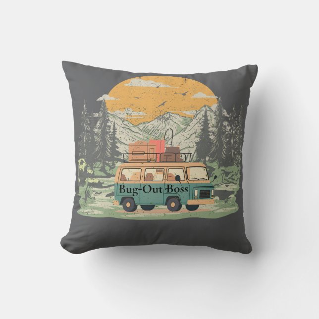 Bug-Out Boss Camper Van Adventure in the Mountains Throw Pillow (Front)
