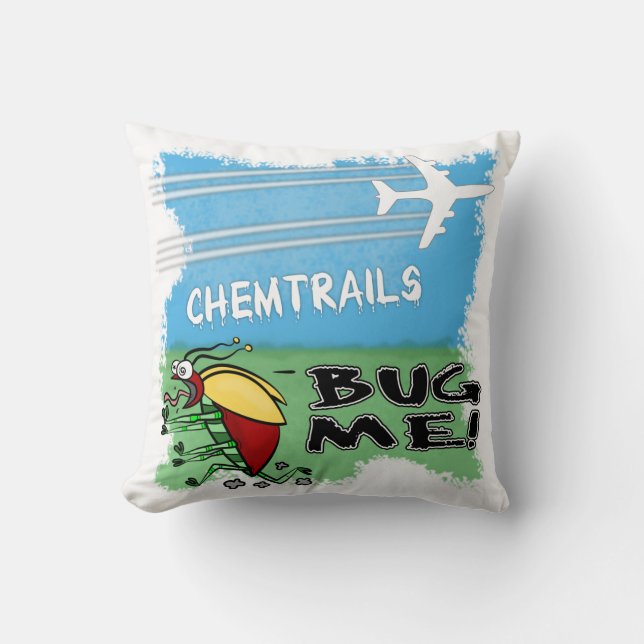 Bug running away from chemtrail plane throw pillow (Front)