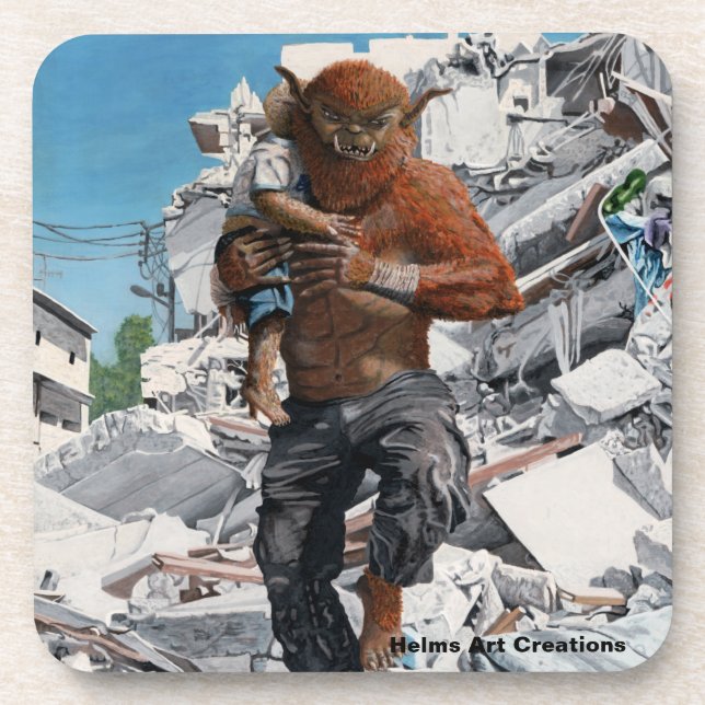 Bugbear Hero Saving Child Fantasy Plastic Coasters (Front)