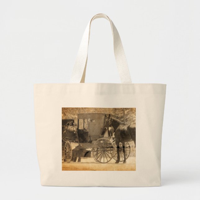 Buggy Before The Horse, Amish Bring Home New Horse Large Tote Bag (Front)