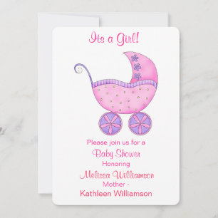 Buggy Carriage Its a Girl Pink Baby Shower Invitation