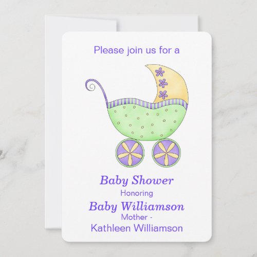 Buggy Carriage Lavender Green Baby Shower Invitation