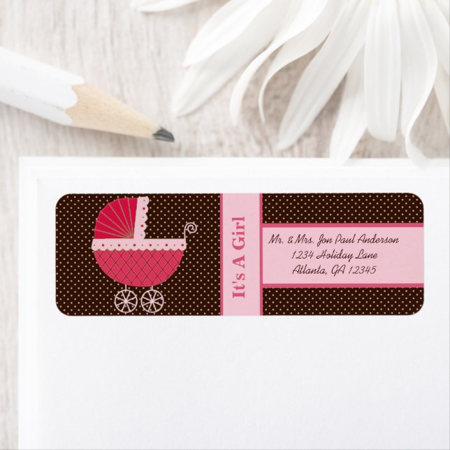 Buggy New Baby It's A  Girl Brown & Pink Dots Label (Insitu)