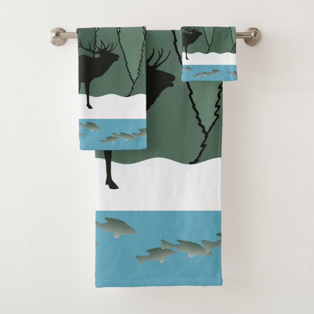 Bugling Bull Elk and Fish  Bath Towel Set (Insitu)