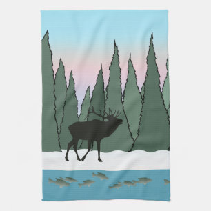 Bugling Bull Elk and Fish Kitchen Towel