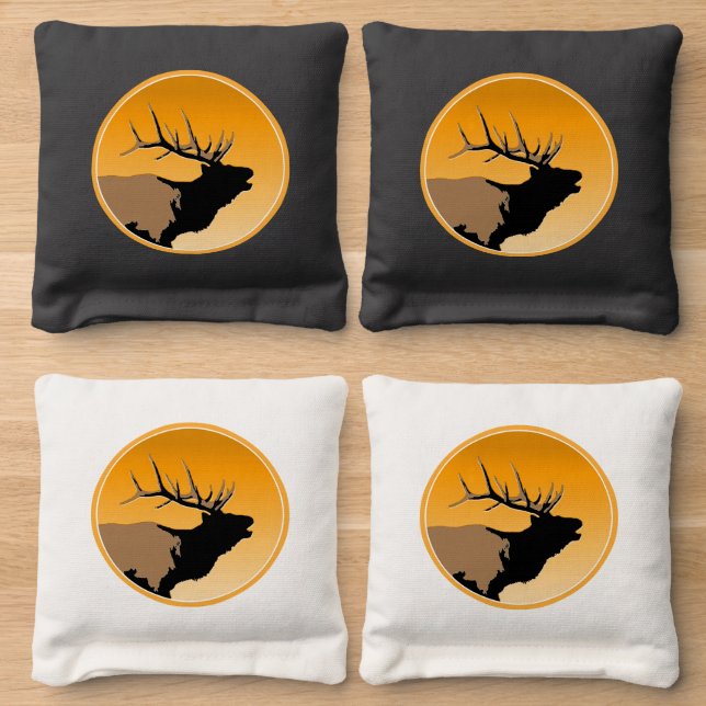 Bugling Bull Elk at Sunset Original Wildlife Art Cornhole Bags (Wood)